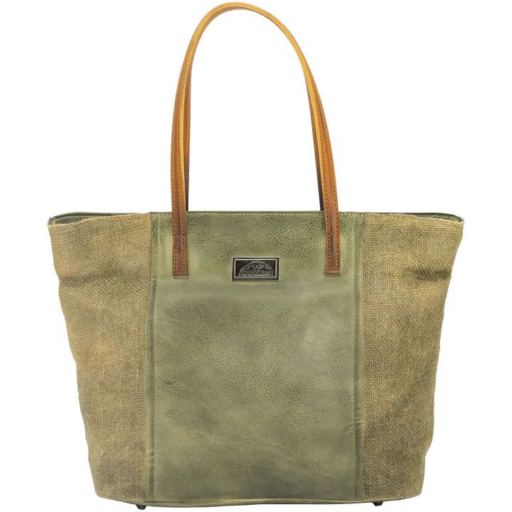 Theia Concealed Carry Tote Purse fits large handguns and features a green body, tan handles, and a small rectangular metal logo plate on the front.
