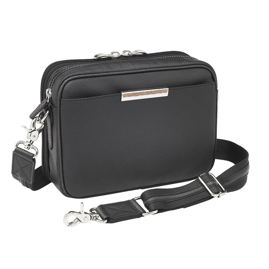 The Slim Clutch-Style Crossbody Bag in cowhide is black and rectangular with silver hardware, a front pocket, and an adjustable strap.