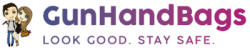 Logo for GunHandBags featuring a cartoon couple and the tagline Look good. Stay safe. in purple and pink text.